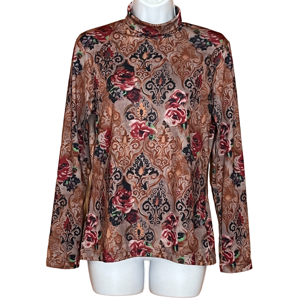 MARKER Turtleneck Pullover Top Size S RN #73344 Red Roses Polyester Long Sleeve